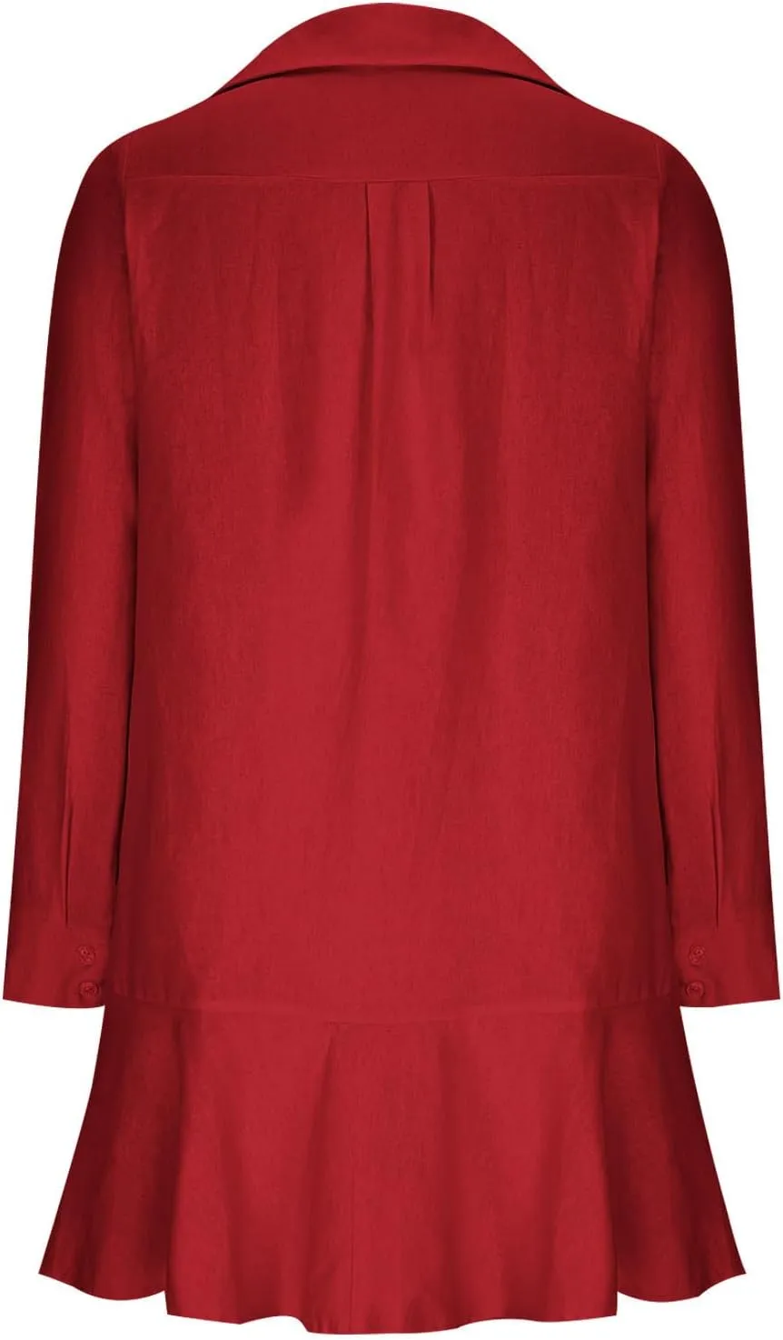 Ruffle Hem Mini Shirt Dress Women Cotton Linen Long Sleeve Henley Tunic Dress Button V Neck Lapel Casual Dresses