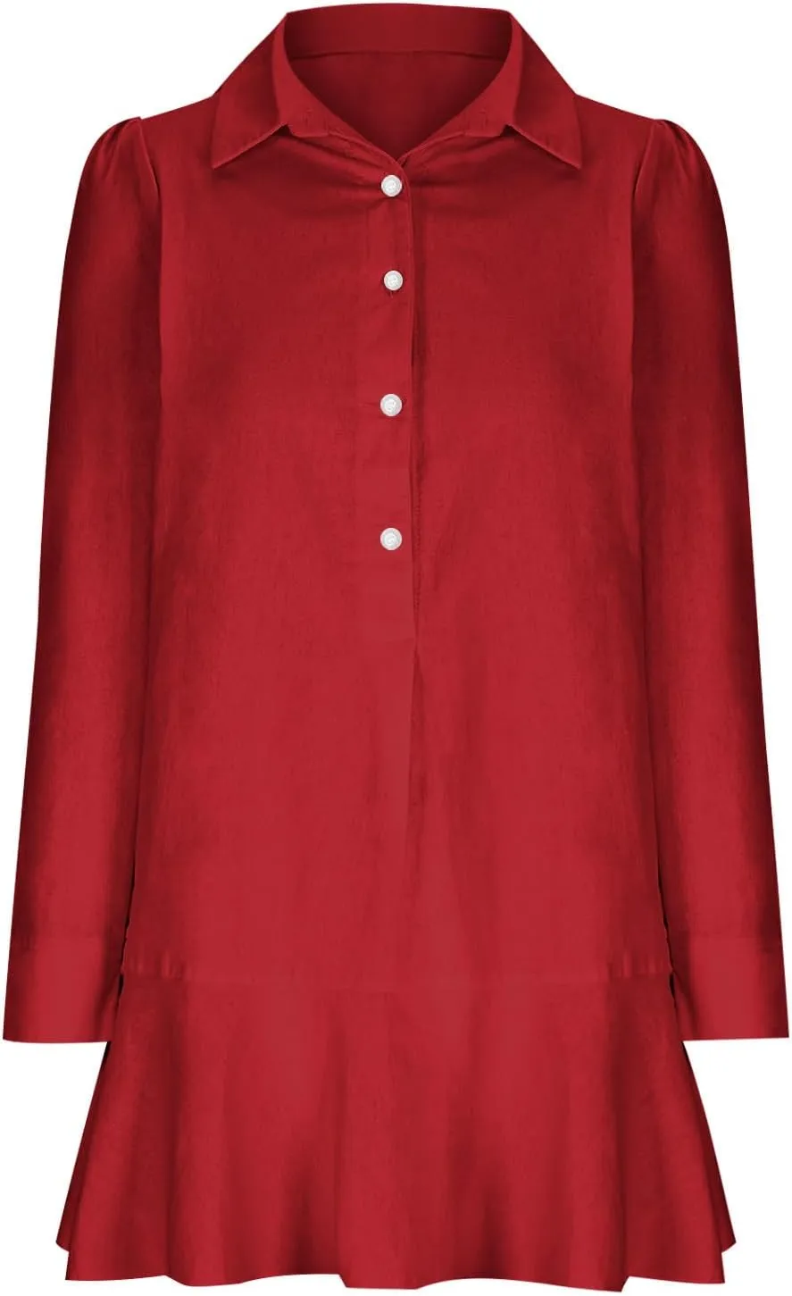 Ruffle Hem Mini Shirt Dress Women Cotton Linen Long Sleeve Henley Tunic Dress Button V Neck Lapel Casual Dresses