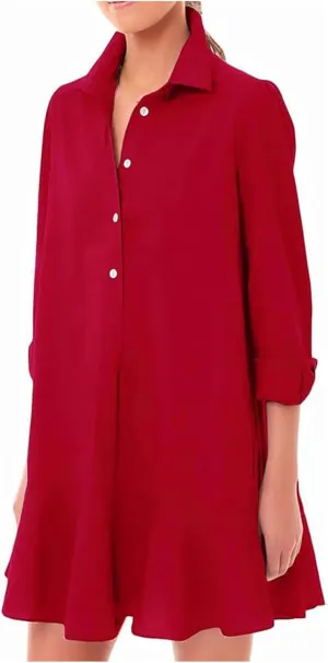 Ruffle Hem Mini Shirt Dress Women Cotton Linen Long Sleeve Henley Tunic Dress Button V Neck Lapel Casual Dresses