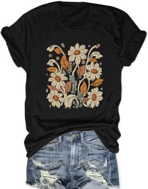 Savarana Women Vintage Flower Shirts Boho Wildflower T-Shirt Funny Nature Cottage Core Floral Short Sleeve Tops
