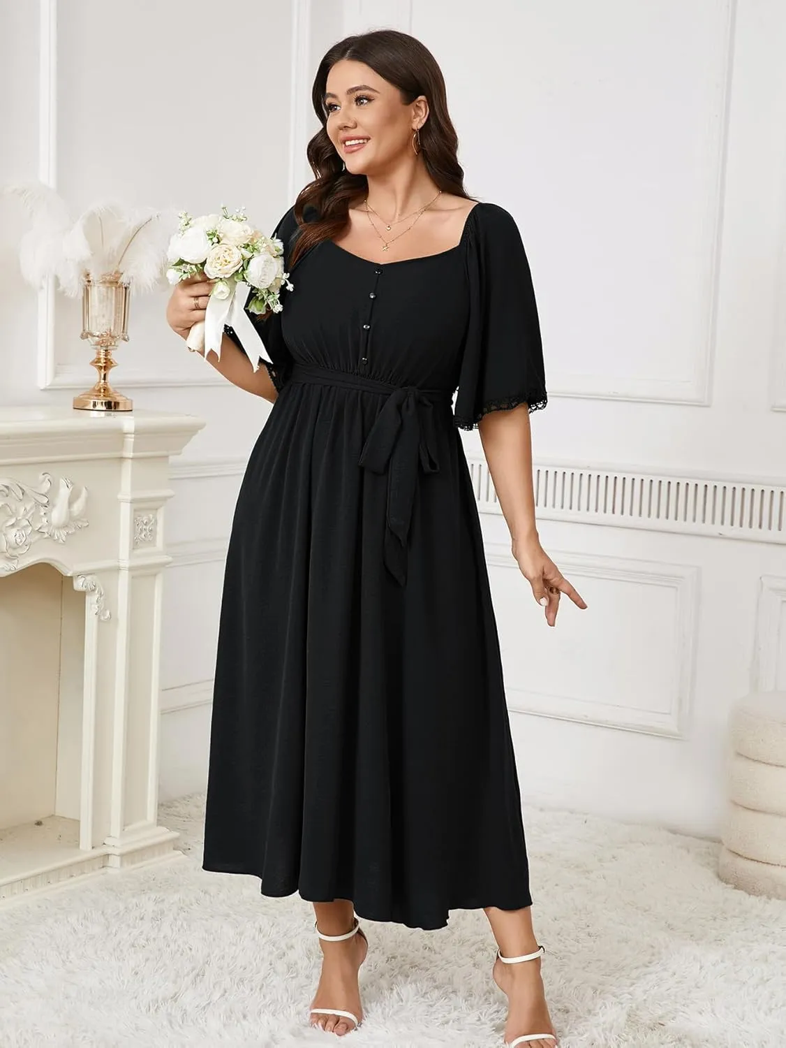 SCOMCHIC Women's Plus Size Summer Maxi Dress Sweetheart Neckline 3/4 Sleeve A Line Flowy Wedding Guest Cocktail Dress