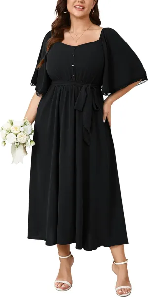 SCOMCHIC Women's Plus Size Summer Maxi Dress Sweetheart Neckline 3/4 Sleeve A Line Flowy Wedding Guest Cocktail Dress