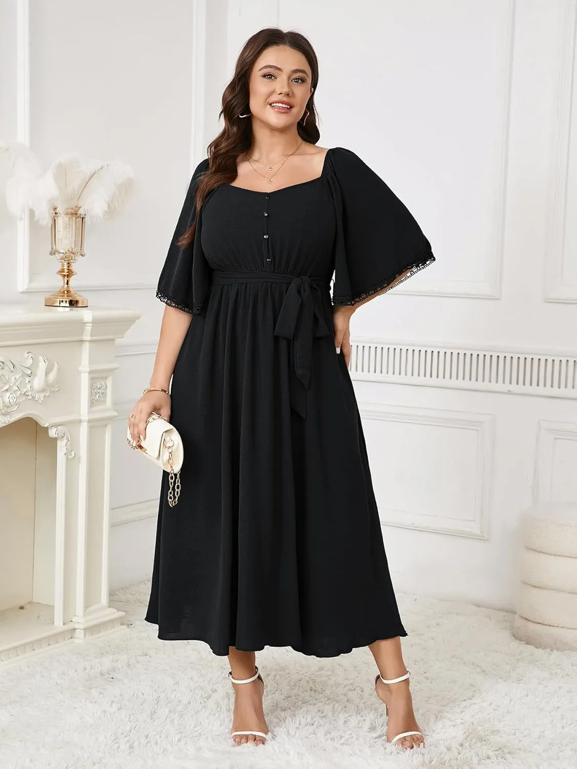 SCOMCHIC Women's Plus Size Summer Maxi Dress Sweetheart Neckline 3/4 Sleeve A Line Flowy Wedding Guest Cocktail Dress