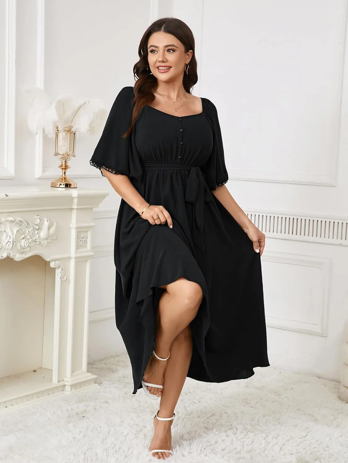 SCOMCHIC Women's Plus Size Summer Maxi Dress Sweetheart Neckline 3/4 Sleeve A Line Flowy Wedding Guest Cocktail Dress