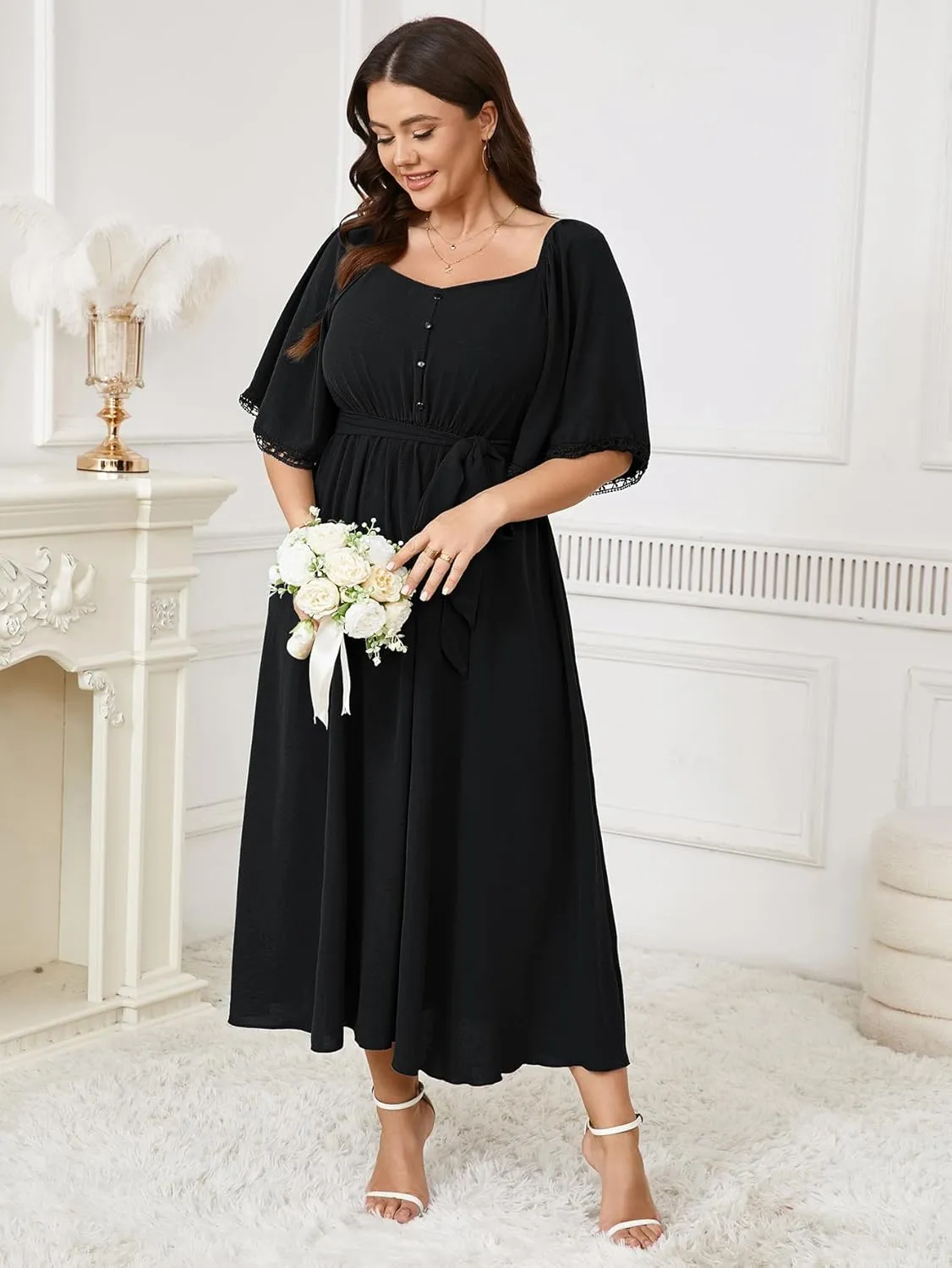 SCOMCHIC Women's Plus Size Summer Maxi Dress Sweetheart Neckline 3/4 Sleeve A Line Flowy Wedding Guest Cocktail Dress