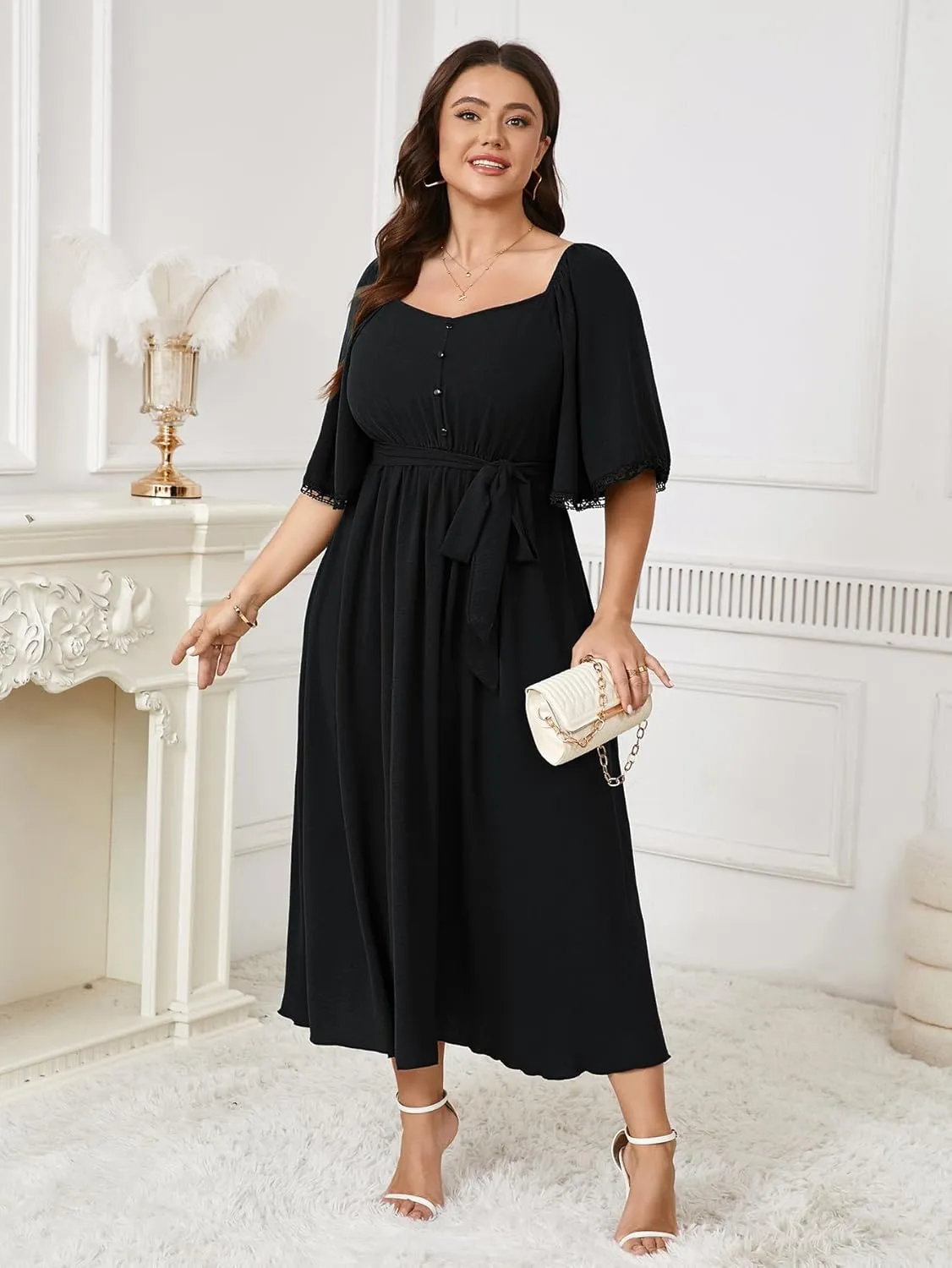 SCOMCHIC Women's Plus Size Summer Maxi Dress Sweetheart Neckline 3/4 Sleeve A Line Flowy Wedding Guest Cocktail Dress