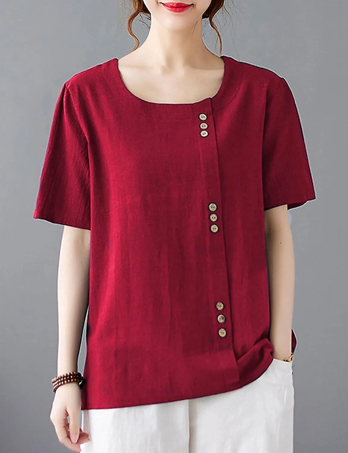 SCUSTY Oversized Crew Neck Linen Tops for Women Short Sleeve Cotton Blend Tee Shirts