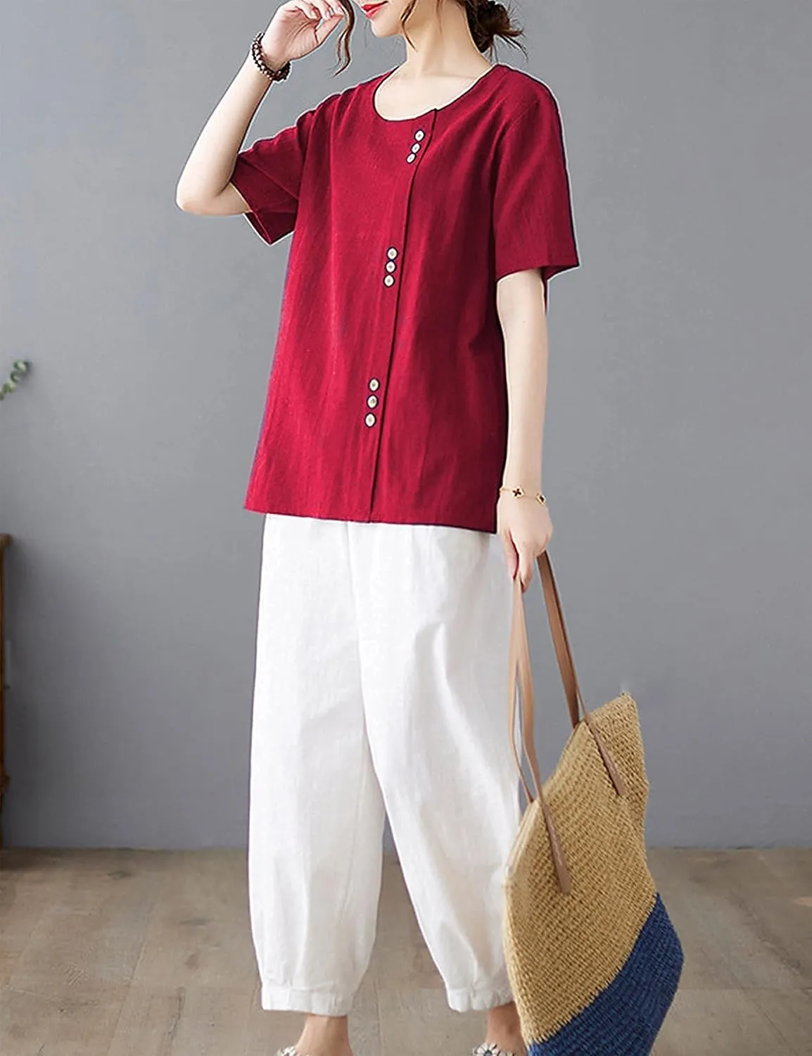 SCUSTY Oversized Crew Neck Linen Tops for Women Short Sleeve Cotton Blend Tee Shirts