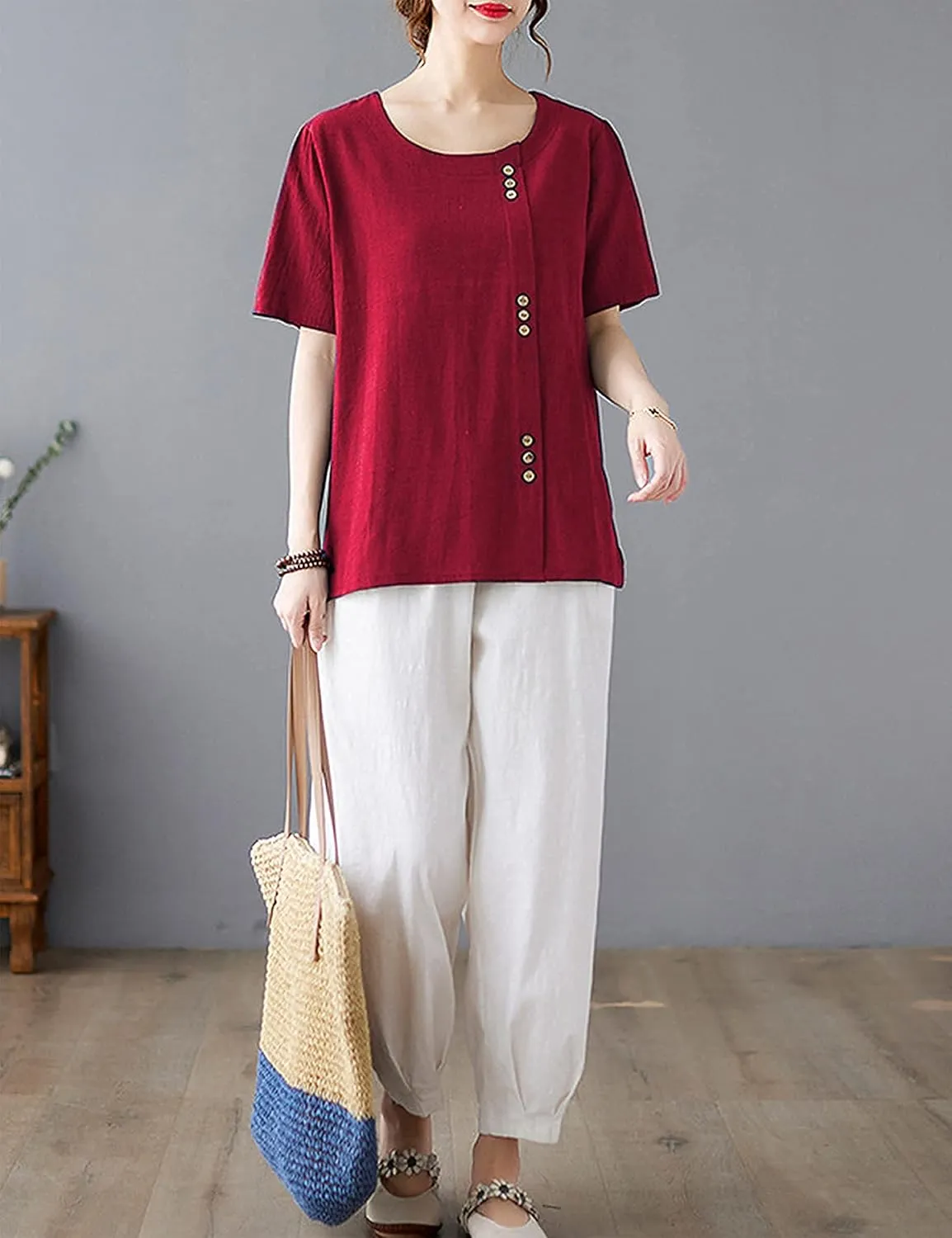 SCUSTY Oversized Crew Neck Linen Tops for Women Short Sleeve Cotton Blend Tee Shirts