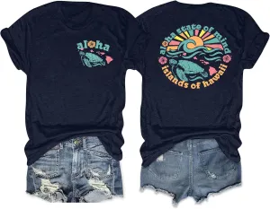 Sea Turtle Shirt Print Women: Hawaii Flower Tshirt Aloha Graphic Tees Casual Summer Beach Vacation Tops