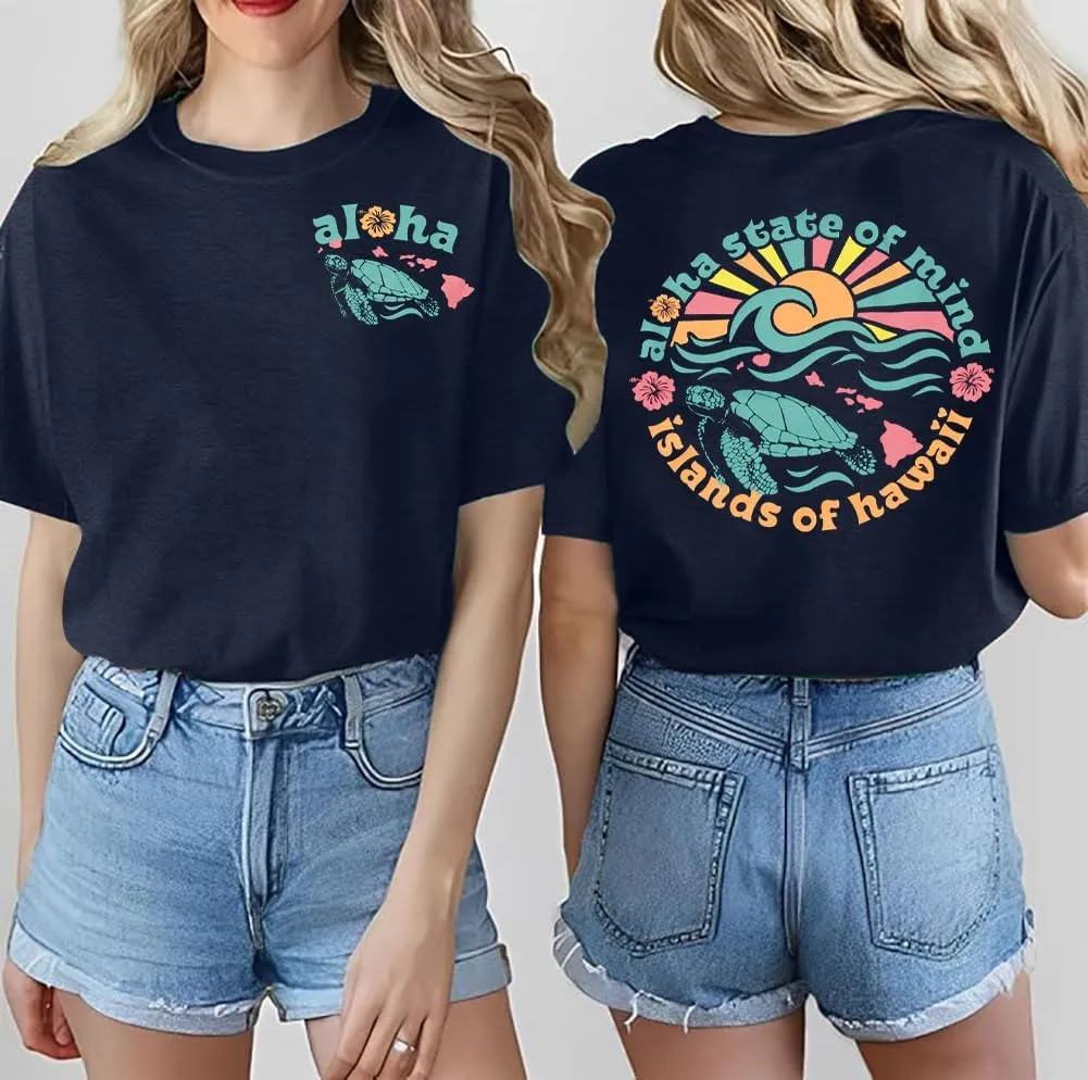 Sea Turtle Shirt Print Women: Hawaii Flower Tshirt Aloha Graphic Tees Casual Summer Beach Vacation Tops