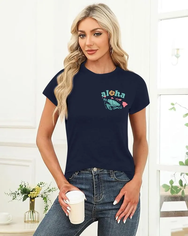 Sea Turtle Shirt Print Women: Hawaii Flower Tshirt Aloha Graphic Tees Casual Summer Beach Vacation Tops