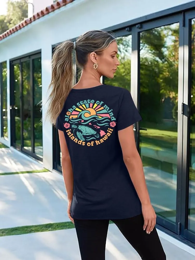 Sea Turtle Shirt Print Women: Hawaii Flower Tshirt Aloha Graphic Tees Casual Summer Beach Vacation Tops