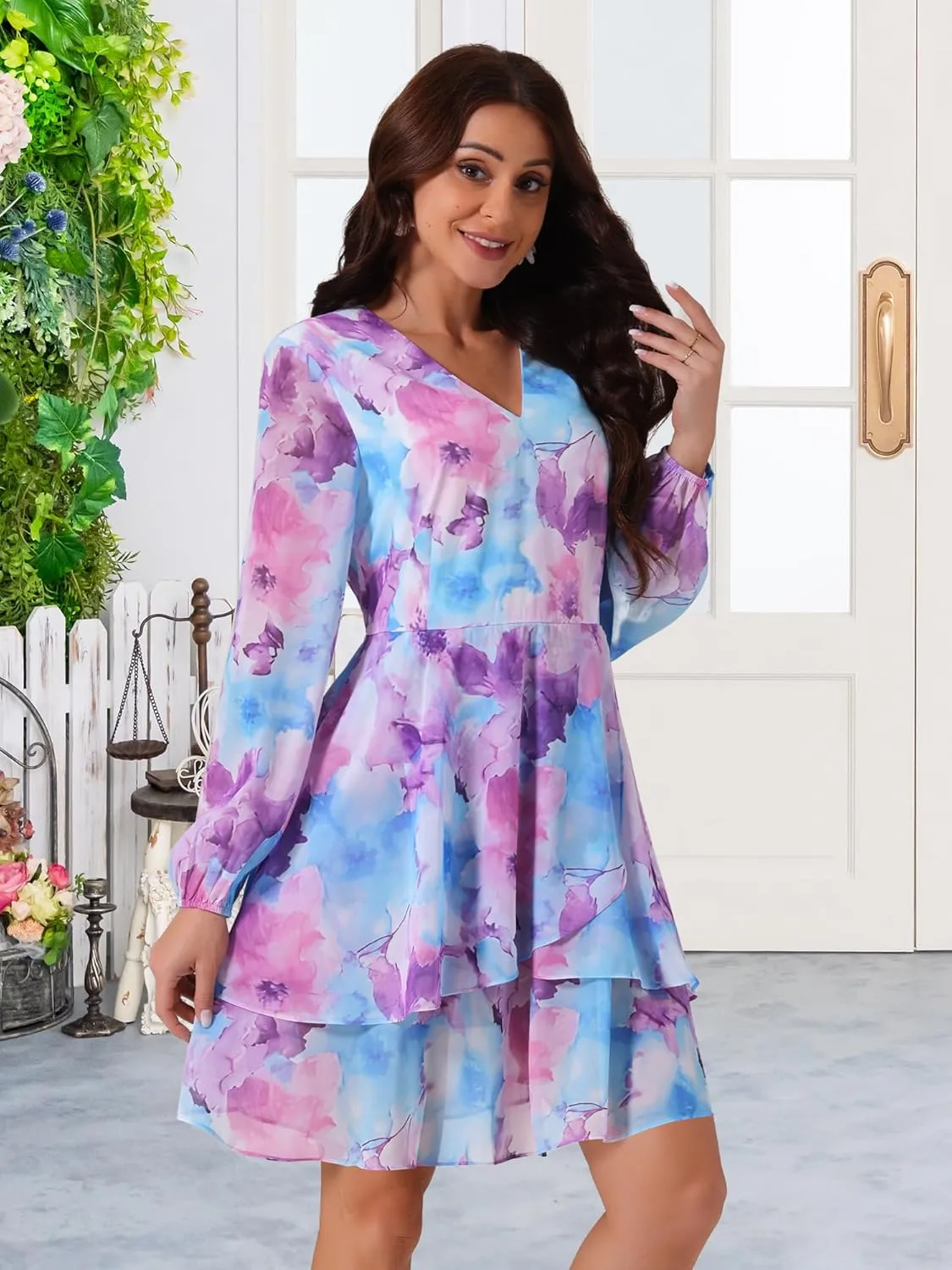 Seta T Women's V Neck Floral Dress Long Sleeve High Waist Chiffon Ruffle Swing Skater Mini Dress