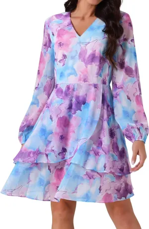 Seta T Women's V Neck Floral Dress Long Sleeve High Waist Chiffon Ruffle Swing Skater Mini Dress