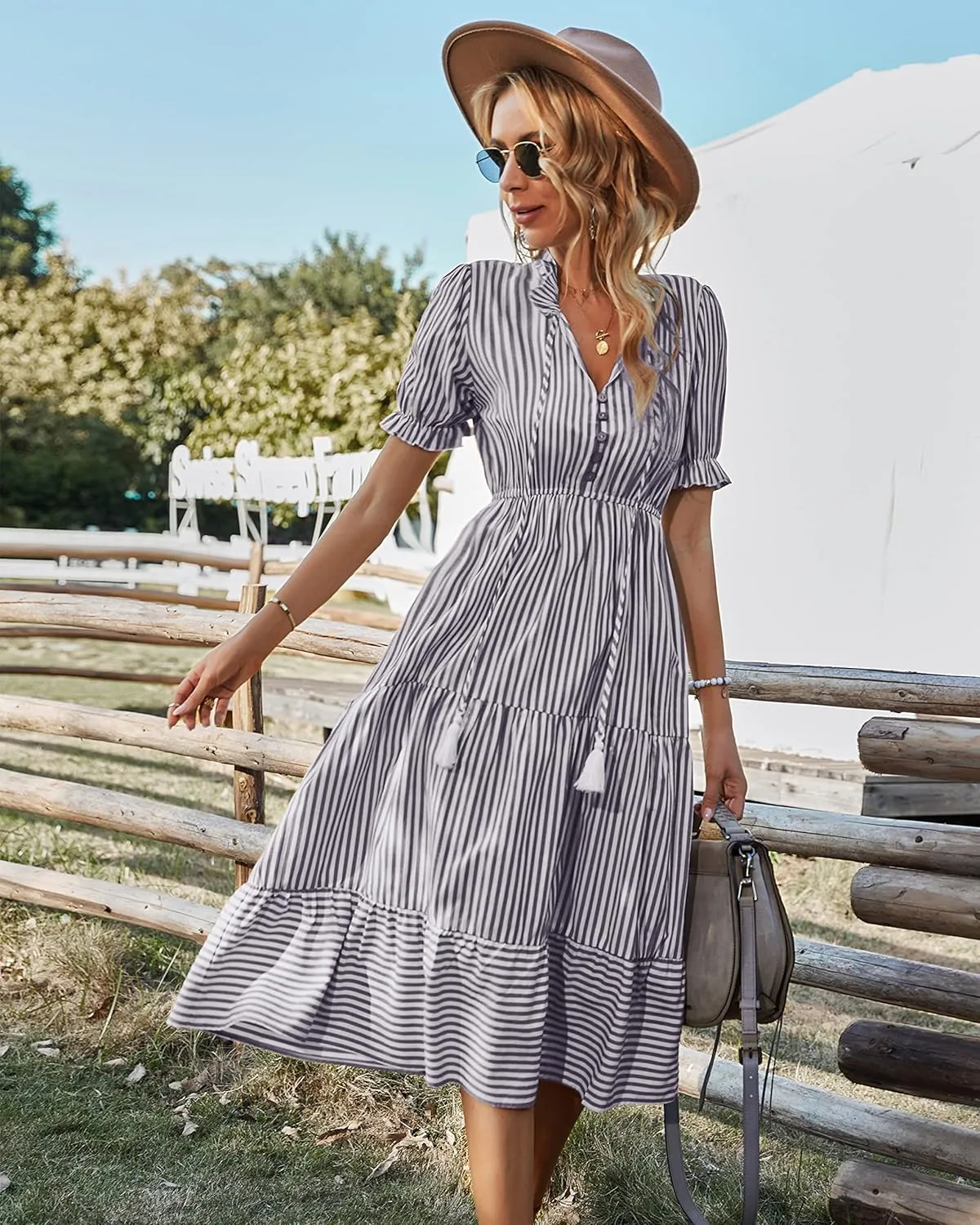 Sexyasasii Women's Summer Ruffle Puff Sleeve Dress Short Sleeve V Neck High Waist Casual Loose Striped Midi Dresses
