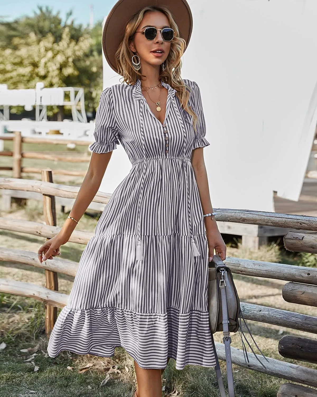 Sexyasasii Women's Summer Ruffle Puff Sleeve Dress Short Sleeve V Neck High Waist Casual Loose Striped Midi Dresses