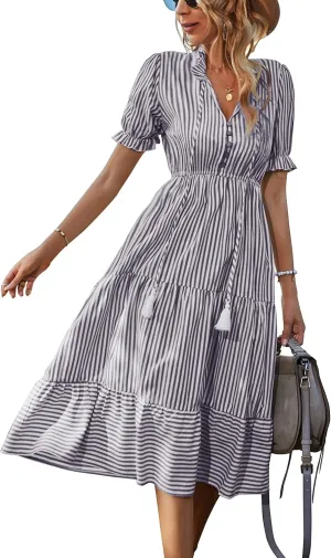 Sexyasasii Women's Summer Ruffle Puff Sleeve Dress Short Sleeve V Neck High Waist Casual Loose Striped Midi Dresses