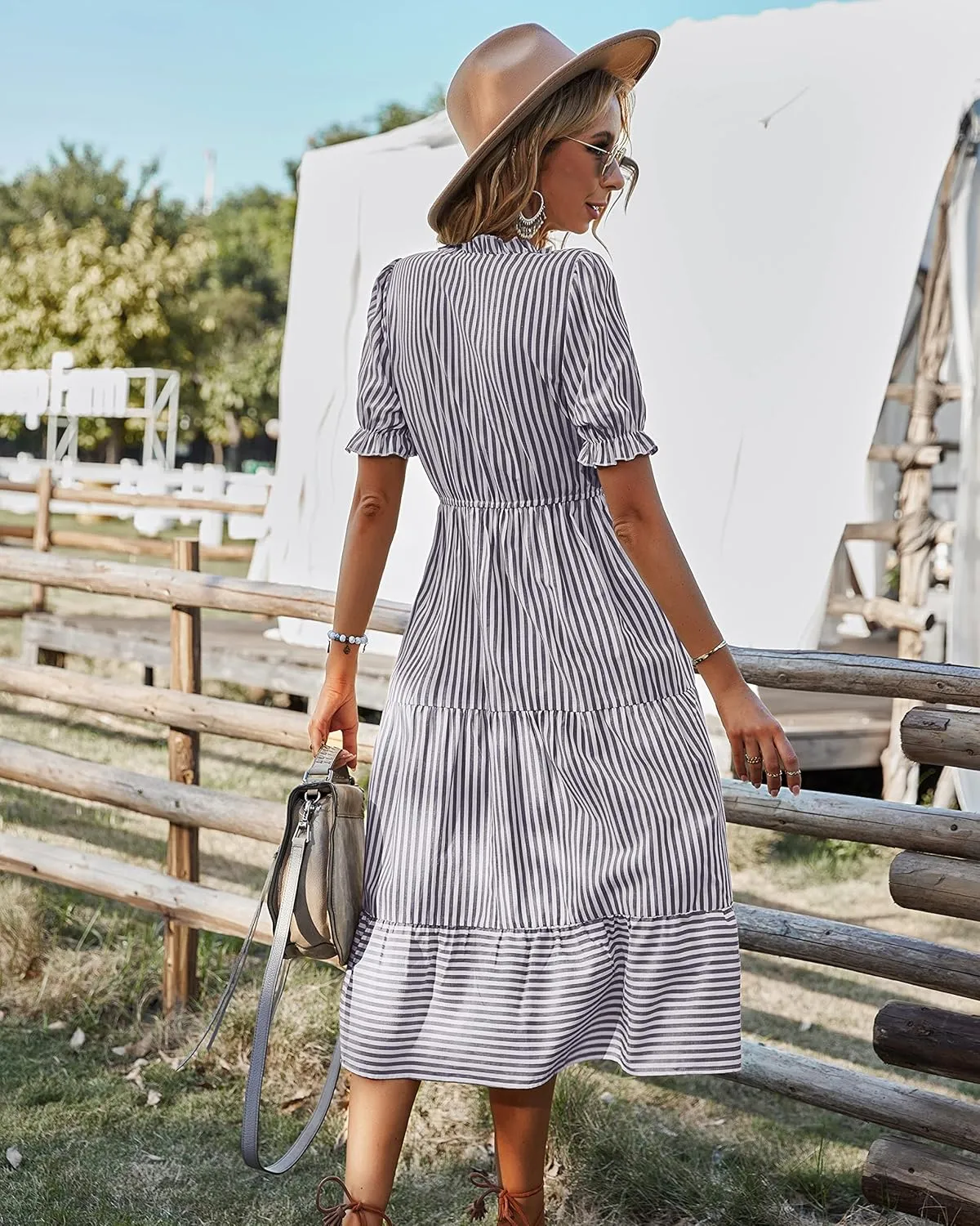 Sexyasasii Women's Summer Ruffle Puff Sleeve Dress Short Sleeve V Neck High Waist Casual Loose Striped Midi Dresses