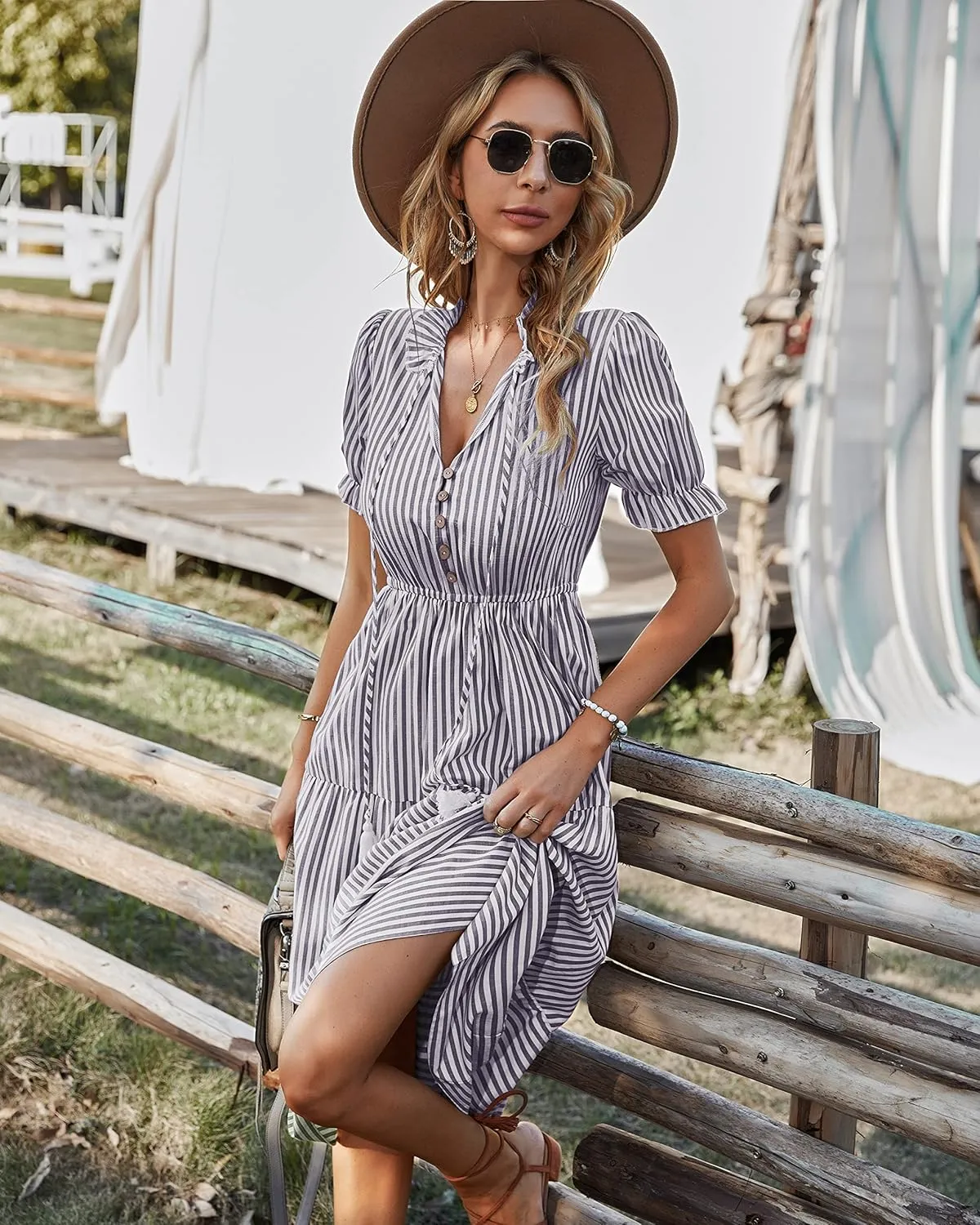 Sexyasasii Women's Summer Ruffle Puff Sleeve Dress Short Sleeve V Neck High Waist Casual Loose Striped Midi Dresses