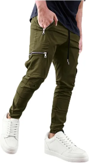 Sinzelimin Men Cargo Pants Fashion Drawstring Zipper Pockets Workwear Fishing Trouser Stretch Slim Fit Full Length Sweatpant