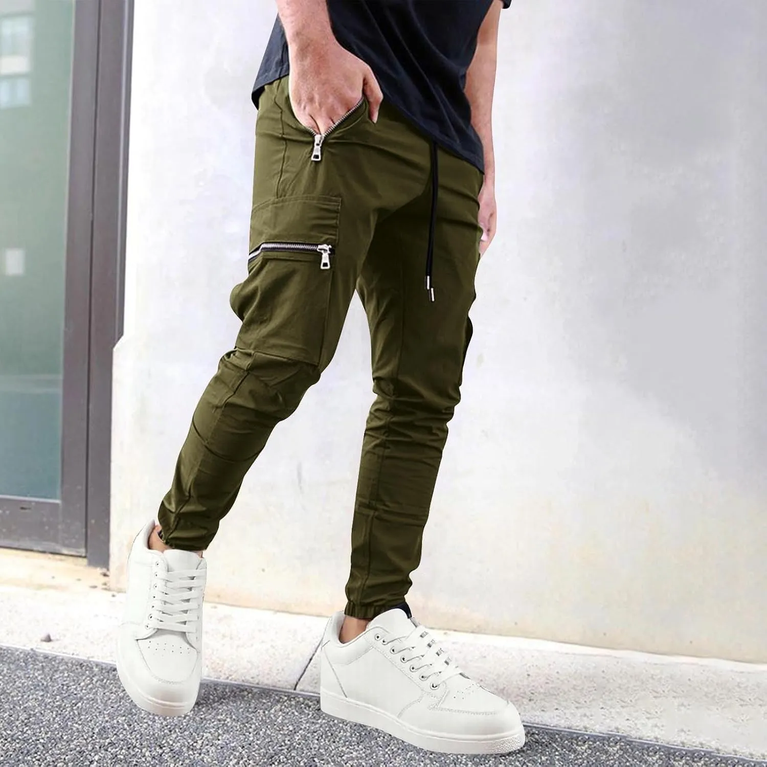 Sinzelimin Men Cargo Pants Fashion Drawstring Zipper Pockets Workwear Fishing Trouser Stretch Slim Fit Full Length Sweatpant