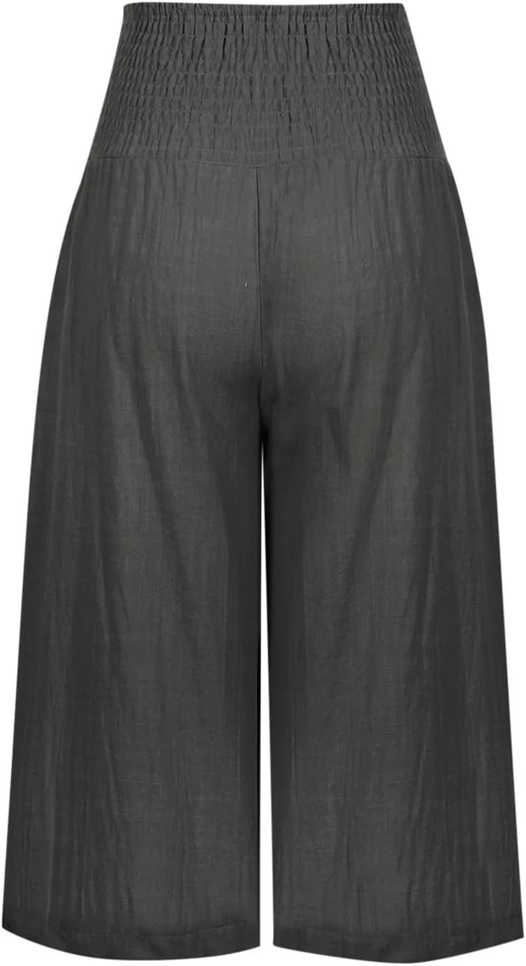 SMIDOW Capri Pants for Women Casual Summer Smocked Elastic High Waisted Linen Pant Solid Loose Wide Leg Capris Trousers