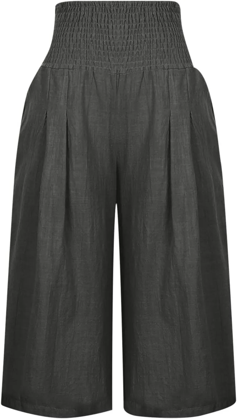 SMIDOW Capri Pants for Women Casual Summer Smocked Elastic High Waisted Linen Pant Solid Loose Wide Leg Capris Trousers
