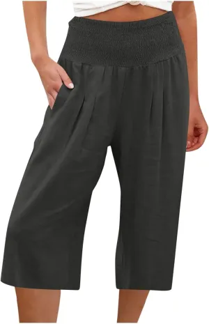SMIDOW Capri Pants for Women Casual Summer Smocked Elastic High Waisted Linen Pant Solid Loose Wide Leg Capris Trousers