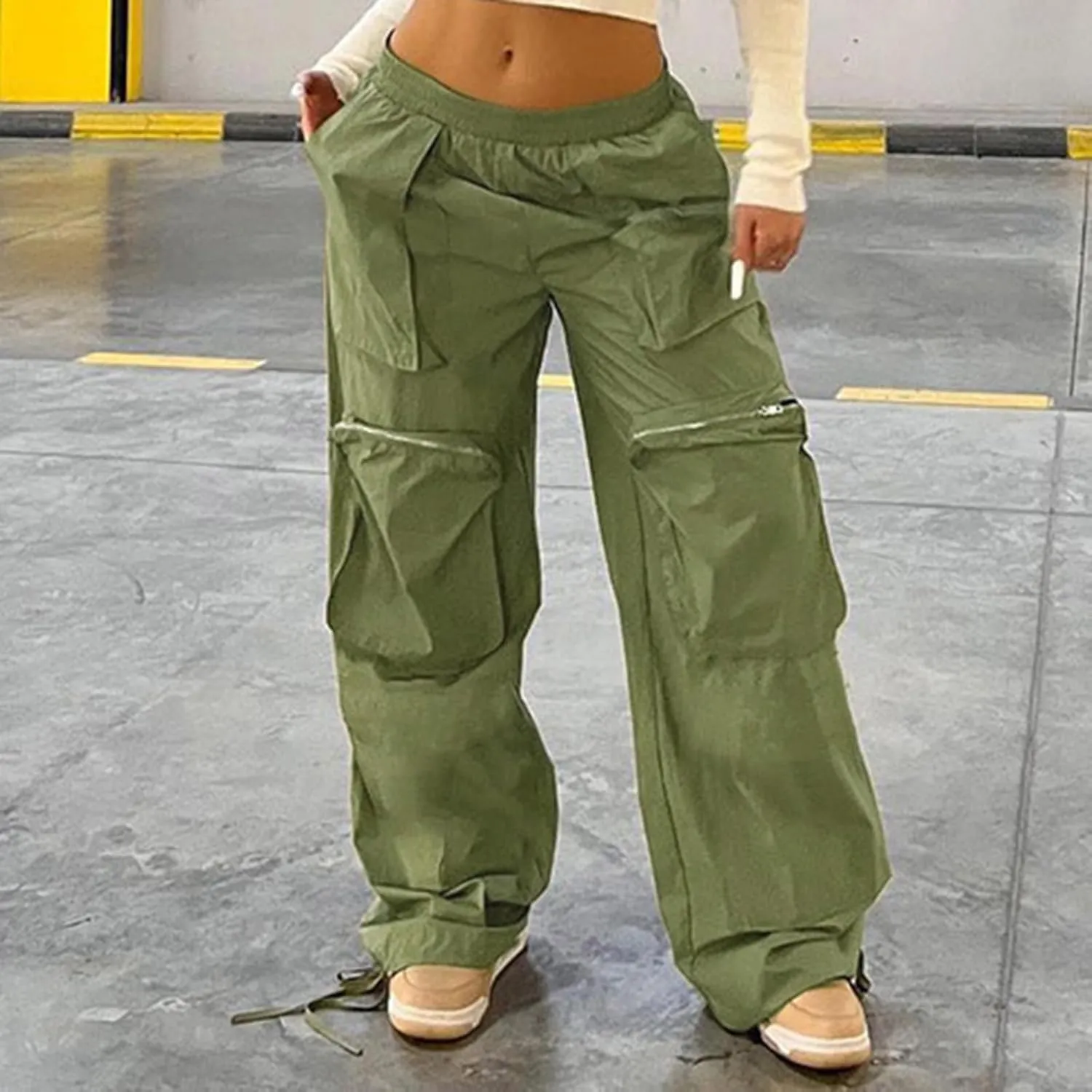 SMIDOW Womens Baggy Cargo Pants Streetwear y2k Clothes Relax Fit Drawstring Elastic Waist Parachute Pant Trousers