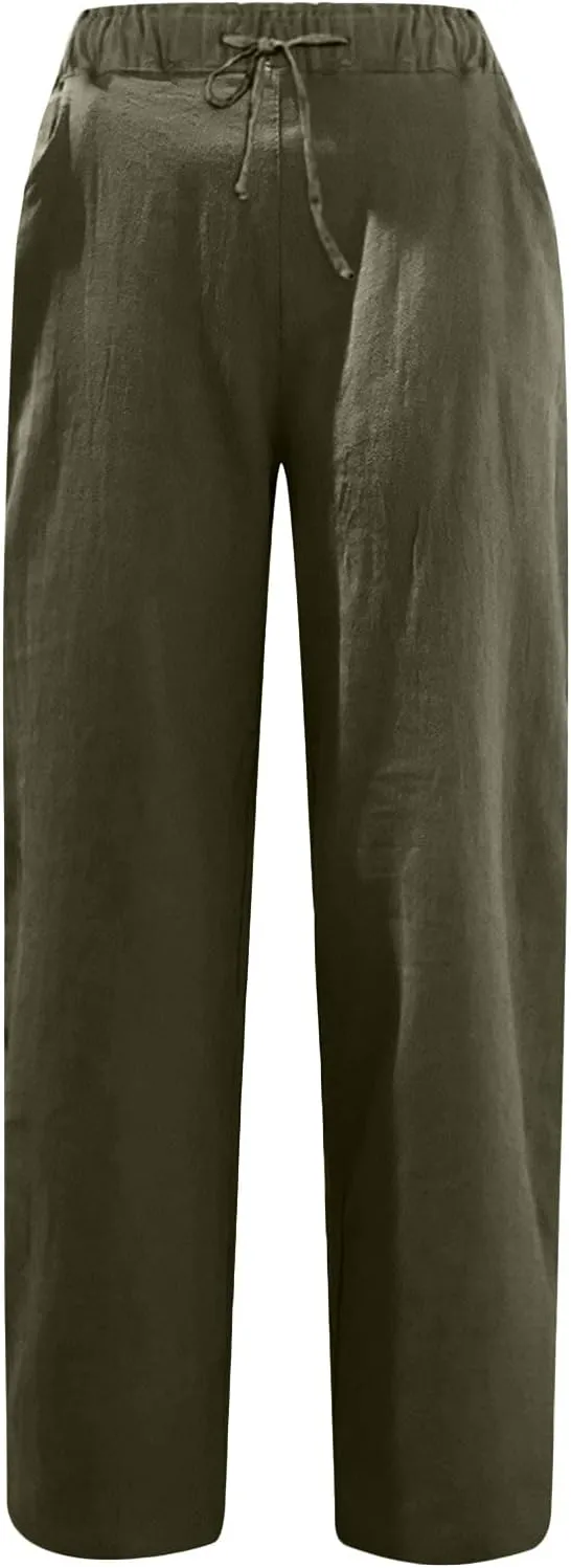 SMIDOW Women's Capris and Cropped Pants Drawstring Elastic High Waist Straight Leg Casual Loose Lounge Linen Pant Trousers