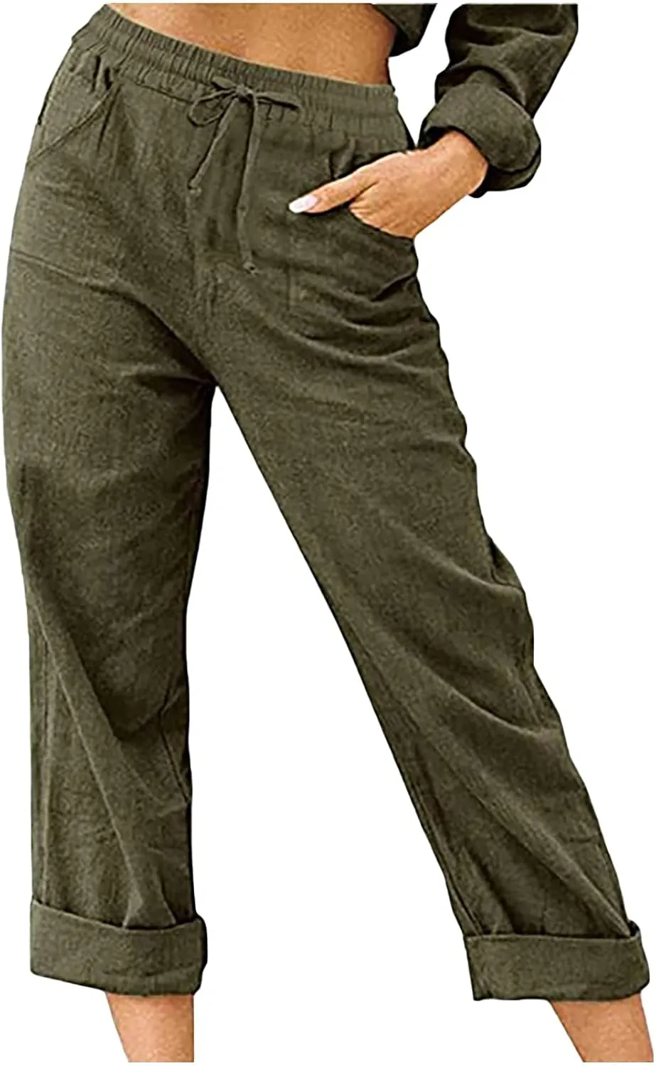 SMIDOW Women's Capris and Cropped Pants Drawstring Elastic High Waist Straight Leg Casual Loose Lounge Linen Pant Trousers