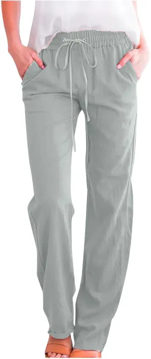 SMIDOW Womens Casual Pants Regular Fit Straight Leg Drawstring Elastic High Waist Trousers with Pockets Trendy