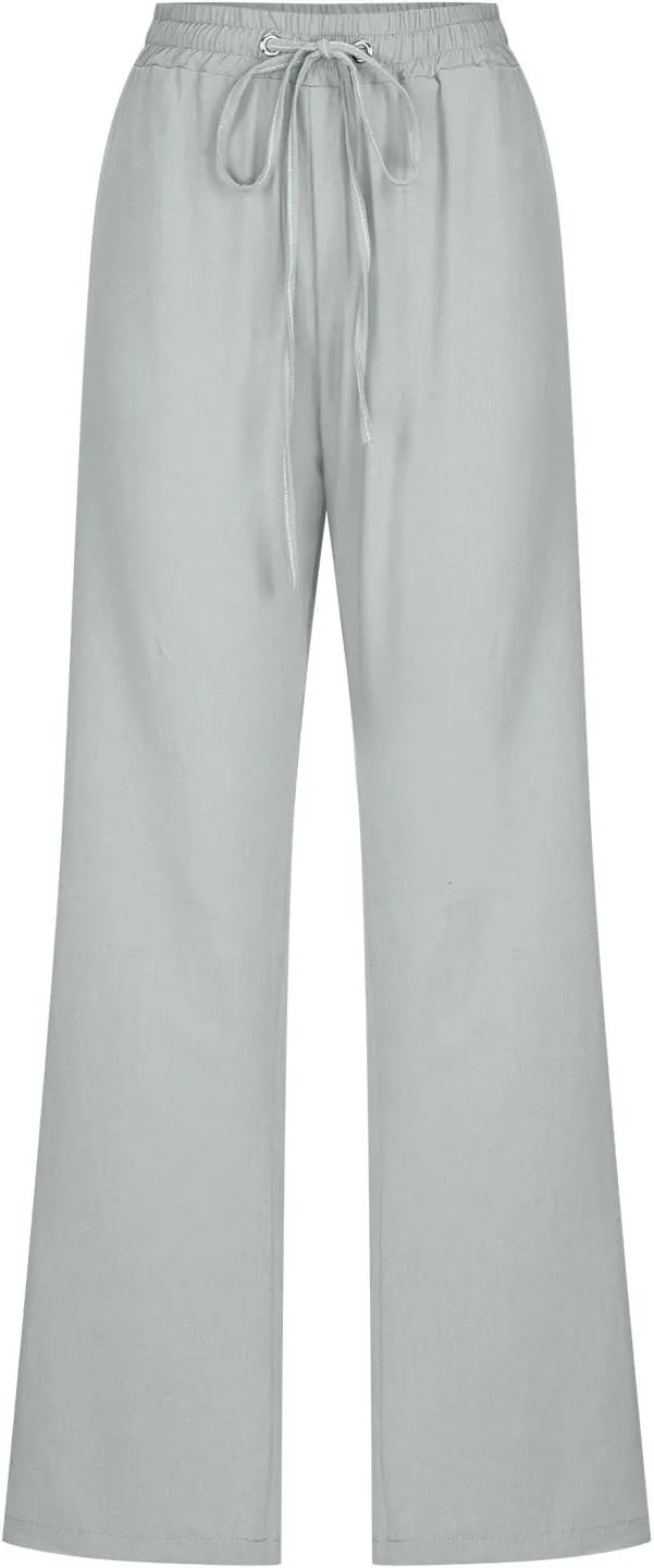 SMIDOW Womens Casual Pants Regular Fit Straight Leg Drawstring Elastic High Waist Trousers with Pockets Trendy