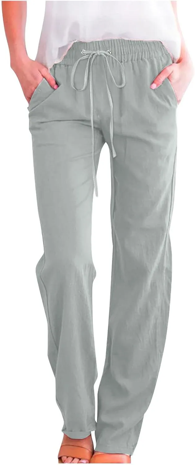 SMIDOW Womens Casual Pants Regular Fit Straight Leg Drawstring Elastic High Waist Trousers with Pockets Trendy