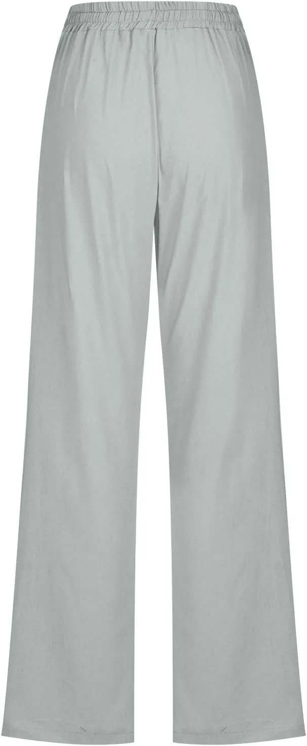 SMIDOW Womens Casual Pants Regular Fit Straight Leg Drawstring Elastic High Waist Trousers with Pockets Trendy