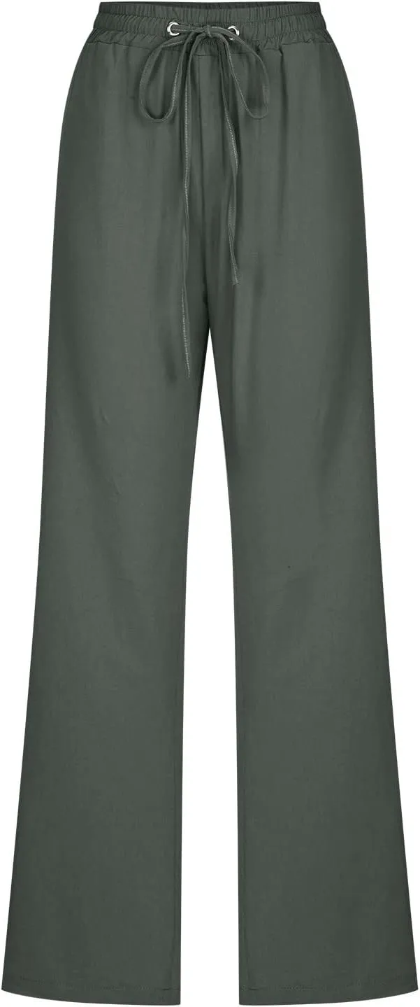 SMIDOW Womens Casual Straight Leg Pants Drawstring Elastic High Waisted Cotton Linen Pant Lounge Trousers Relax Fit