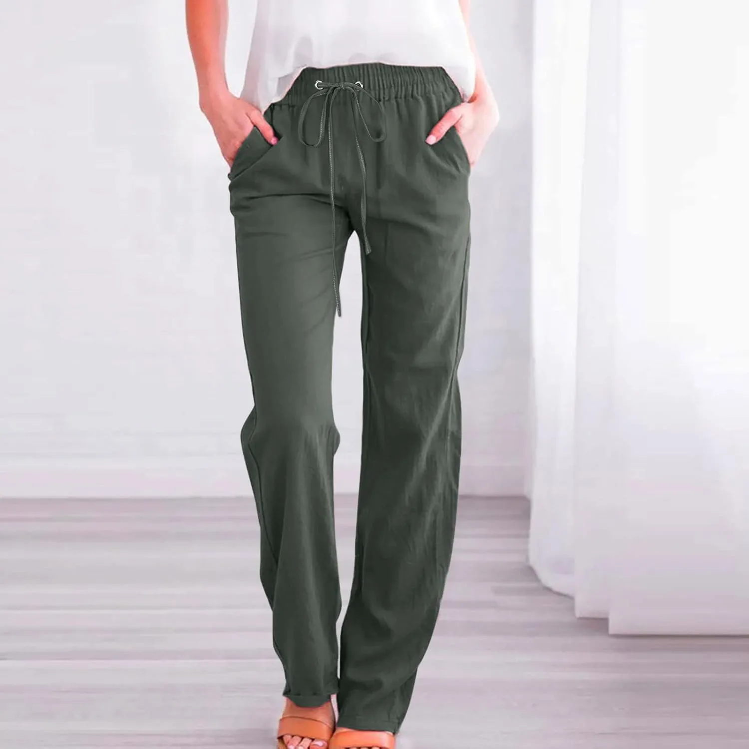 SMIDOW Womens Casual Straight Leg Pants Drawstring Elastic High Waisted Cotton Linen Pant Lounge Trousers Relax Fit