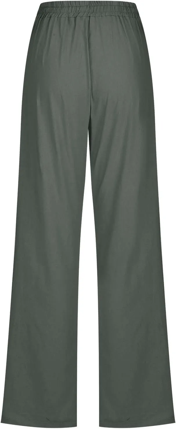 SMIDOW Womens Casual Straight Leg Pants Drawstring Elastic High Waisted Cotton Linen Pant Lounge Trousers Relax Fit