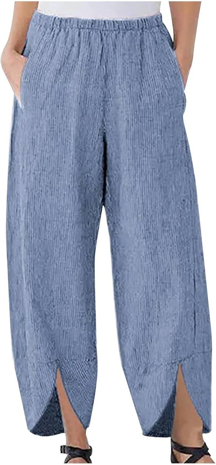 SMIDOW Womens Elastic High Waist Cotton Pants with Pockets Dressy Casual Loose Cropped Pant Comfy Lounge Trousers