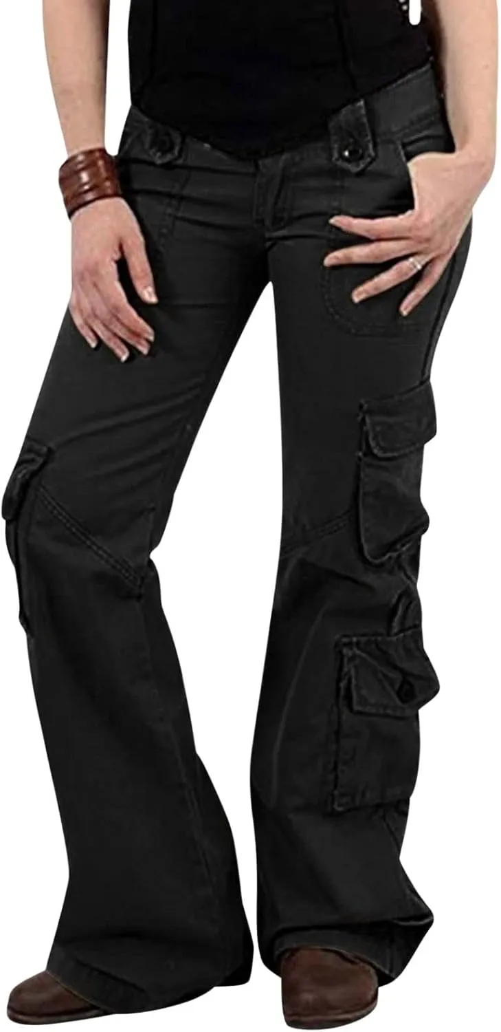 SMIDOW Womens Hiking Cargo Pants Casual Military Army Work Pants High Waist Wide Leg Hippie Punk Trousers