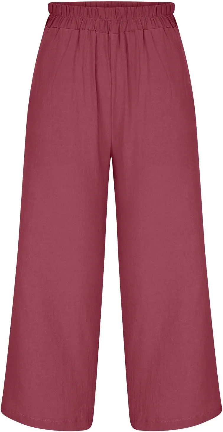 SMIDOW Womens Linen Pants Loose Casual Wide Leg Cropped Pant Elastic High Waist Solid Baggy Trousers with Pockets