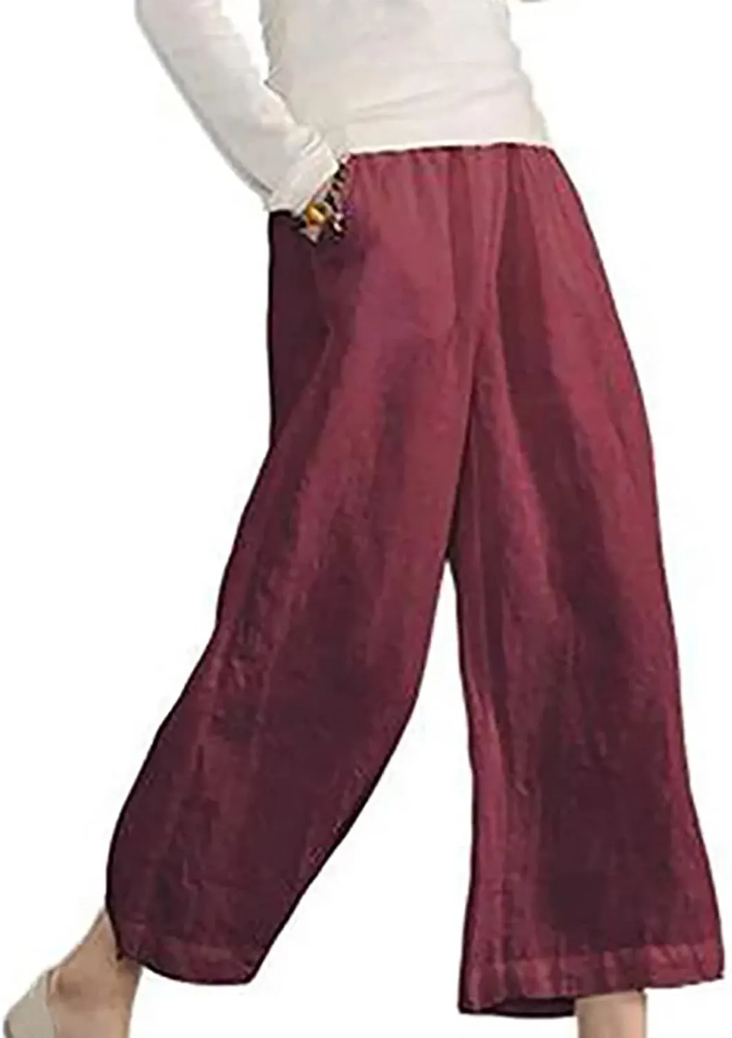SMIDOW Womens Linen Pants Loose Casual Wide Leg Cropped Pant Elastic High Waist Solid Baggy Trousers with Pockets