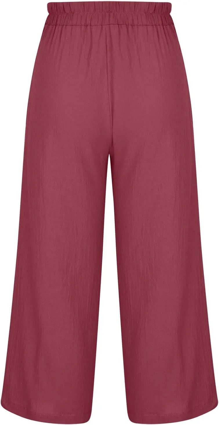 SMIDOW Womens Linen Pants Loose Casual Wide Leg Cropped Pant Elastic High Waist Solid Baggy Trousers with Pockets