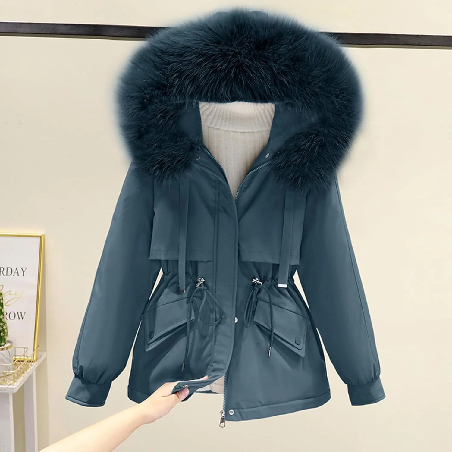 Smoneyful Womens Down Jacket with Hood Thicked Puffer Jacket Packable Cotton-Padded Jacket Winter Loose Parka Jacket Coat
