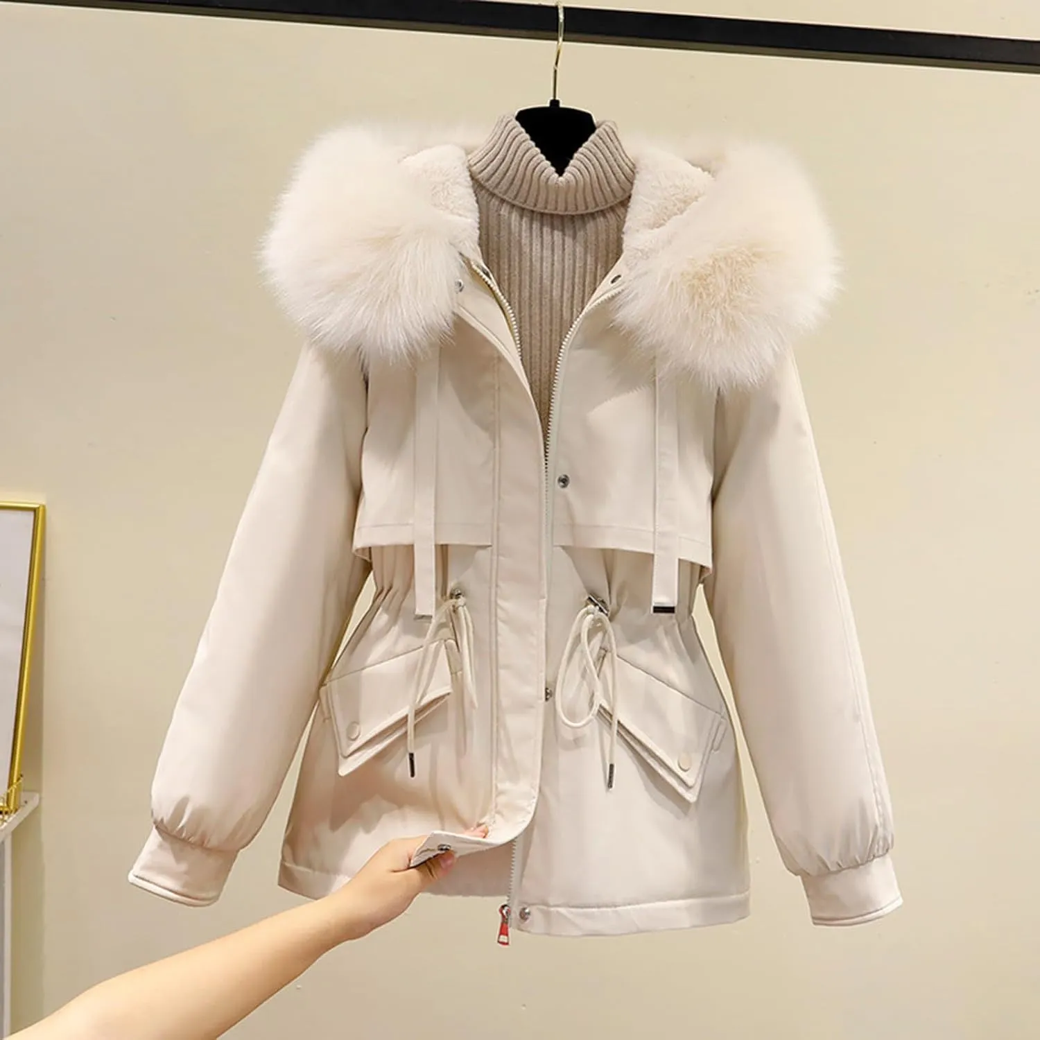 Smoneyful Womens Down Jacket with Hood Thicked Puffer Jacket Packable Cotton-Padded Jacket Winter Loose Parka Jacket Coat
