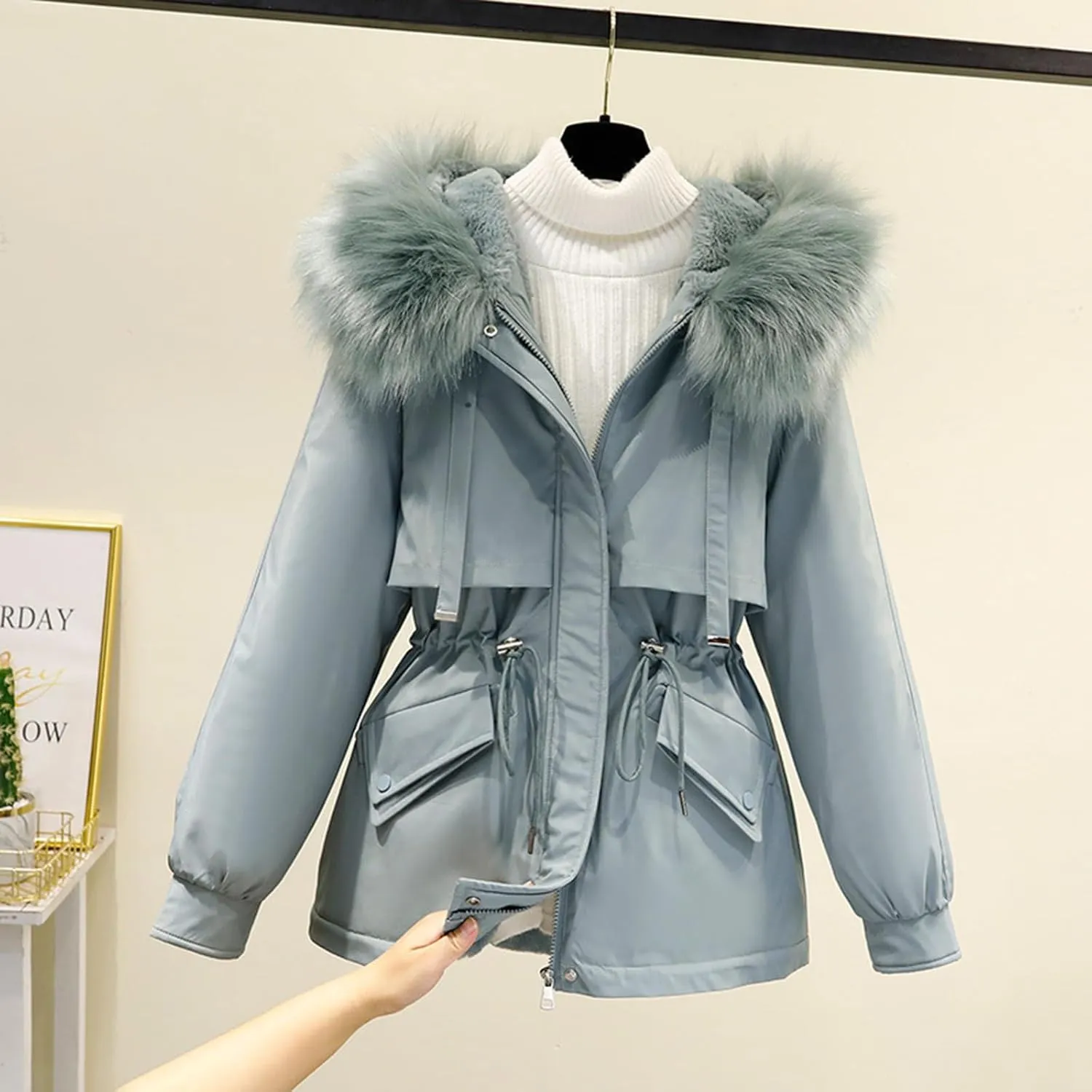 Smoneyful Womens Down Jacket with Hood Thicked Puffer Jacket Packable Cotton-Padded Jacket Winter Loose Parka Jacket Coat