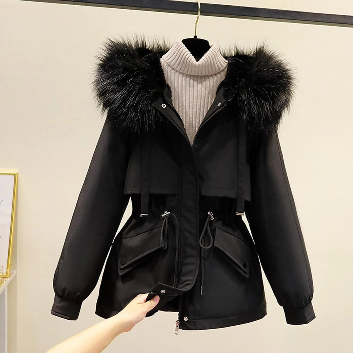 Smoneyful Womens Down Jacket with Hood Thicked Puffer Jacket Packable Cotton-Padded Jacket Winter Loose Parka Jacket Coat