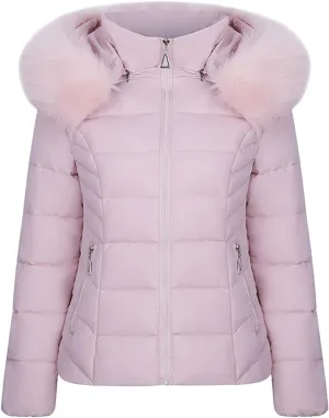 Smoneyful Womens Puffer Jacket Winter Thicken Warm Down Jacket Packable Cotton-Padded Coat with Faux Fur Hood Loose Slim Coat