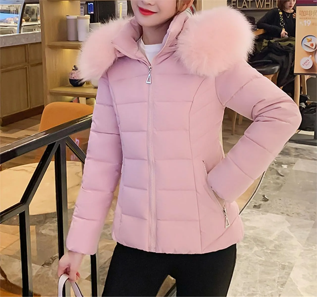 Smoneyful Womens Puffer Jacket Winter Thicken Warm Down Jacket Packable Cotton-Padded Coat with Faux Fur Hood Loose Slim Coat